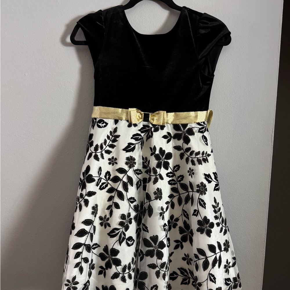 Jona Michelle Black Velvet and White Floral Dress with Gold Bow